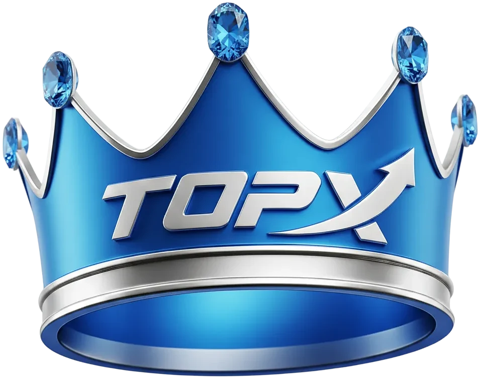 Coroa azul com pedras brilhantes e o logotipo da TopX em prata na faixa central