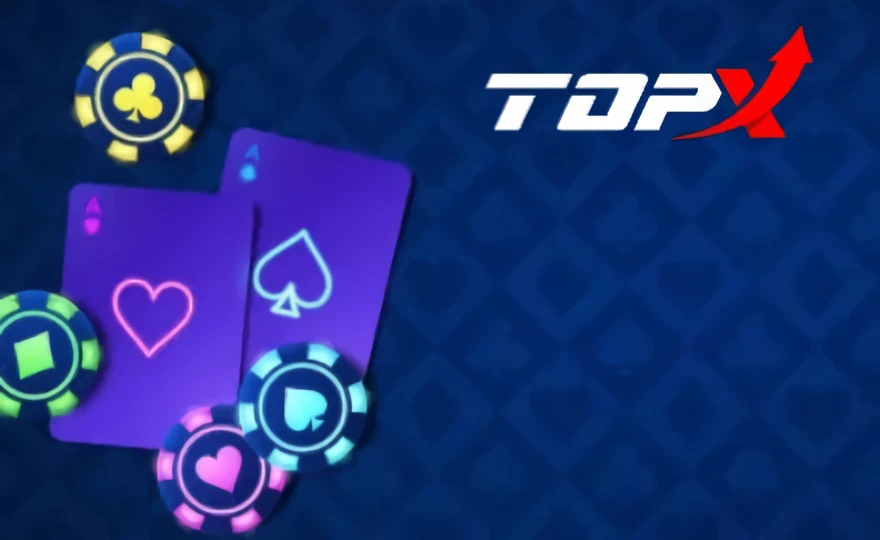 Duas cartas de néon, copas e espadas, com fichas de cassino coloridas sobre fundo azul e o logotipo da TopX